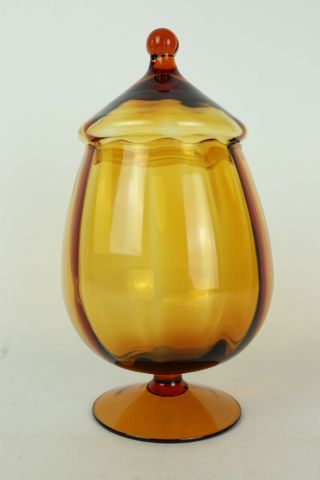 Vintage Empoli Hand Blown Amber Glass Covered Candy Dish W/ Lid - 10 " Tall