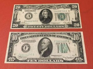 1928 A $20 Dollar Bill Federal Reserve Gold Demand & 1934 A $10 Dollar