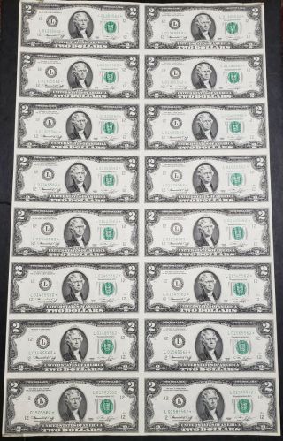 1976 $2 Rare (star Notes) Uncut Sheet Of 16 Bicentennial $2 Dollar Bills