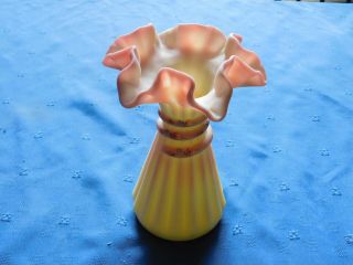 Fenton Custard Burmese Ribbed Vase Pink Band Dainty Flowers Pink Rim 7 1/4 " Tall