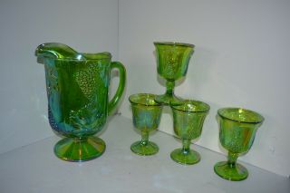 Indiana Carnival Glass Iridescent Green Harvest Grape Pitcher & 4 Glasses