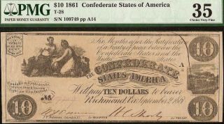 1861 $10 Dollar Bill Confederate States Currency Civil War Note Money T28 Pmg 35
