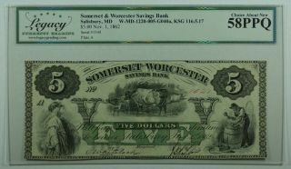 1862 Somerset Worcester Savings Bank Salisbury Md $5 Dollar Note Legacy 58 Ppq