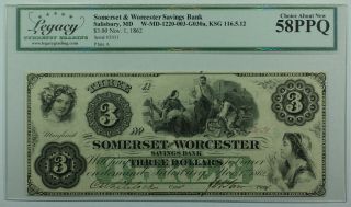 1862 $3 Three Dollar Somerset Worcester Bank Salisbury Md Note Legacy Au - 58 Ppq