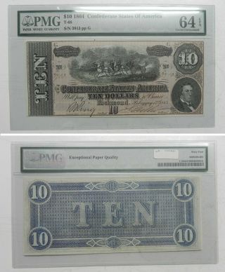 1864 Confederate States $10 Note,  T - 68,  3913,  Pmg Cu64 Epq