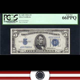 1934 - A $5 Silver Certificate Pcgs 66 Ppq Fr 1651 J22570909a