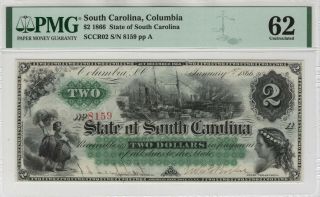 1866 $2 State Of South Carolina Columbia Obsolete Note Cut Cancelled Pmg Unc 62
