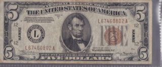 1934 A $5 Federal Reserve Hawaii Dollar Note La