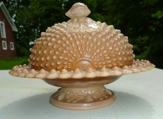 Fine Old Chocolate Glass Covered Dish In Pressed Hobnail Sea Shell Design