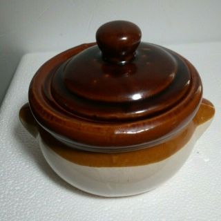 Stoneware Brown Glazed Bean Pot With Lid Not Marked.