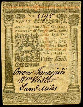 Hgr Sunday 1773 50 Shillings Colonial Pa (pre Revolutionary War) Near Unc - Au