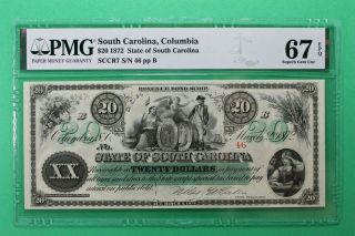 1872 $20 State Of South Carolina Columbia Obsolete Pmg 67 Epq Gem Unc