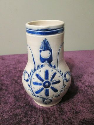Salt Glazed Stoneware Pitcher Tan Blue Williamsburg Pottery 8 " Tall Etched