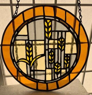 Vtg Hand Crafted Stained Glass Hanging,  Prairie Style,  Brown Tones,  11” Diameter