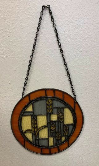 VTG Hand Crafted Stained Glass Hanging,  Prairie Style,  Brown Tones,  11” Diameter 2