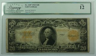 1922 $20 Twenty Dollar Gold Certificate Note Fr.  1187 Legacy Fine 12