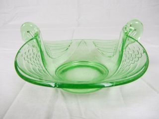 Green Vaseline Uranium Pressed Glass Candy Dish Double Swan Motif Vintage