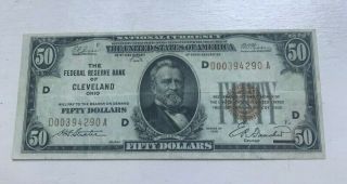 1929 $50 50 Dollar Cleveland Ohio National Bank Note Currency