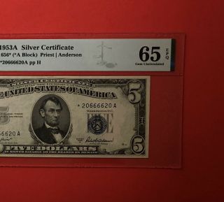 1953a - $5 Silver Certificate Star Note,  Graded By Pmg Gem Unc 65 Epq.