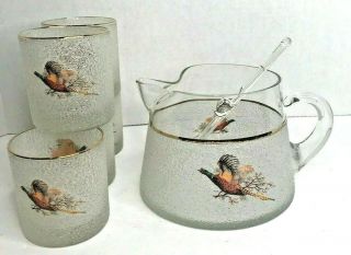 Vtg West Virginia Glass Co Frosted Pitcher 5 Lowball Tumblers Pheasant Gold Euc