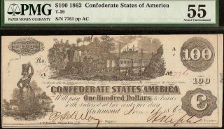1862 $100 Confederate States Currency Civil War Note Money T - 39 Pmg 55 No Stamps