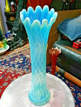 Vtg Fenton Blue Opalescent Art Glass Vase Swung Vase Diamond Lattice 13 " Tall