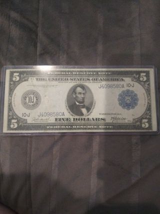 1914 $5 Federal Reserve Note Large Size Currency Uncirculated Very Good Detail