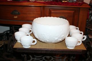 Vintage Westmoreland Milk Glass Punch Bowl 11 Cups Pineapples Grapes Cherries 2