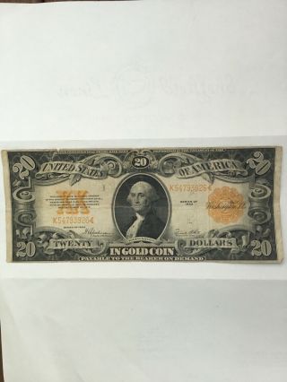 Series Of 1922 Twenty Dollar Gold Coin Certificate,  Large $20 Bill,  Old Money
