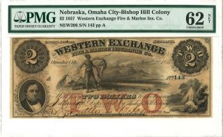 1857 $2 Western Exchange - Omaha City,  Nebraska - Pmg 62