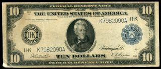 Fr.  946 1914 $10 Frn Federal Reserve Note Dallas,  Tx Burke/houston Very Fine