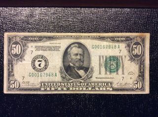 1928 $50 Dollar Bill Note Federal Reserve Note Numerical Gold On Demand Chicago