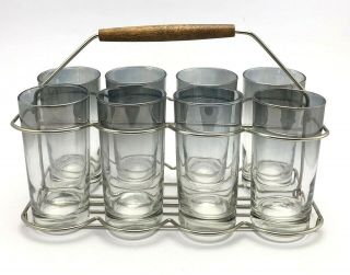 Vtg Silver Fade Drinking Glasses & Carrier Caddy Mid Century Modern Set Of 8