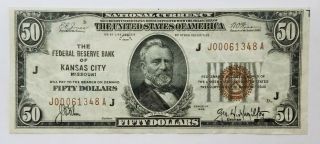 1929 $50 Federal Reserve Bank Of Kansas City Missouri Banknote