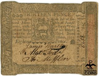 1773 United States 18 Pence Colonial Currency Pennsylvania Note 8170