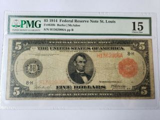 1914 $5 St.  Louis Mo Frbn Fr839b Pmg 15 Federal Reserve Paper Money Note
