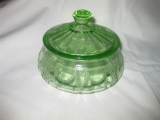 Green Depression Glass Cameo Ballerina Dancing Girl Covered Candy Dish