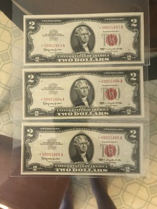 3 Uncirculated $2 Consecutive Low Serial Number 1963 Star Notes 2