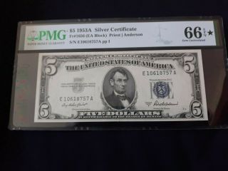 Pop 1 5 Higher - Fr.  1656 1953 A $5 Silver Certificate,  Pmg 66 Epq 7