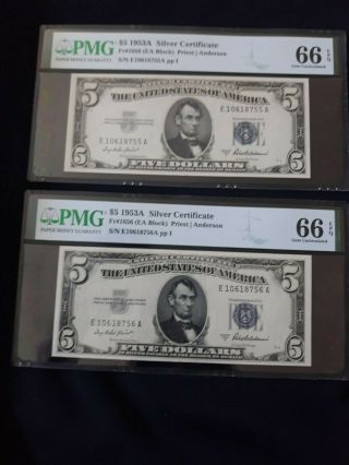 Scarce Consecutive Pair Fr.  1656 1953 A $5 Silver Certificates,  Pmg 66 Epq 5