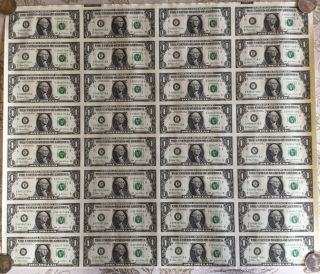 Uncut Sheet Of 32 X $1 One Dollar Bills - U.  S.  Paper Currency Notes Series 2003