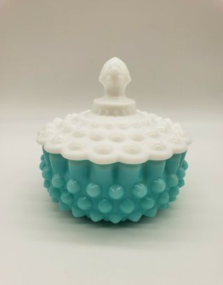 Vintage Fenton Turquoise & Milk Glass Hobnail Covered Candy Dish ☆☆☆☆