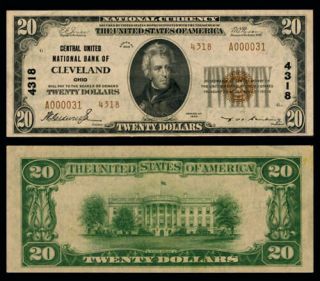 Cleveland Oh $20 1929 T - 2 National Bank Note Ch 4318 Central United Nb Cu
