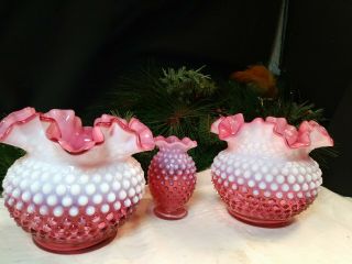 Set Of 3 Vintage Fenton Art Glass Cranberry Opalescent Hobnail Vases Ruffle Pink