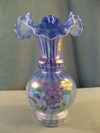 Fenton Blue Iridescent Rib Optic Opalescent 1999 Glass Messenger Painted Vase