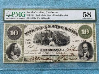 1861 $10 Ten Dollars Bank Of The State Of South Carolina Pmg Certified