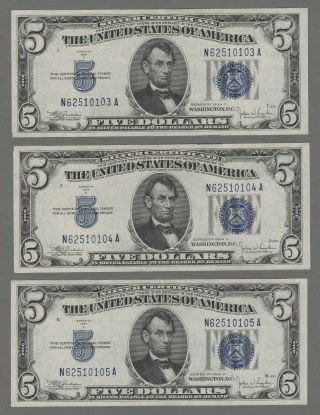 3 - 1934 C $5 Silver Certificate Fr 1653 (na Block) (wide Face) Au
