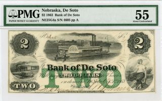 1863 $2 The Bank Of De Soto,  Nebraska Note - Civil War Era W/ Ship Pmg Au 55