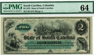 $2 State Of South Carolina.  Columbia.  1872.  Pmg 64 Choice Uncirculated.