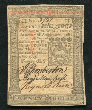 Pa - 169 October 1,  1773 20s Twenty Shillings Pennsylvania Colonial Currency
